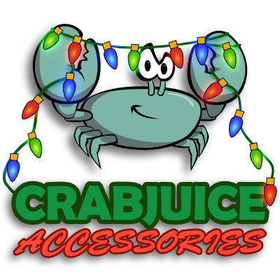 The CrabJuice logo - A crab holding christmas lights
